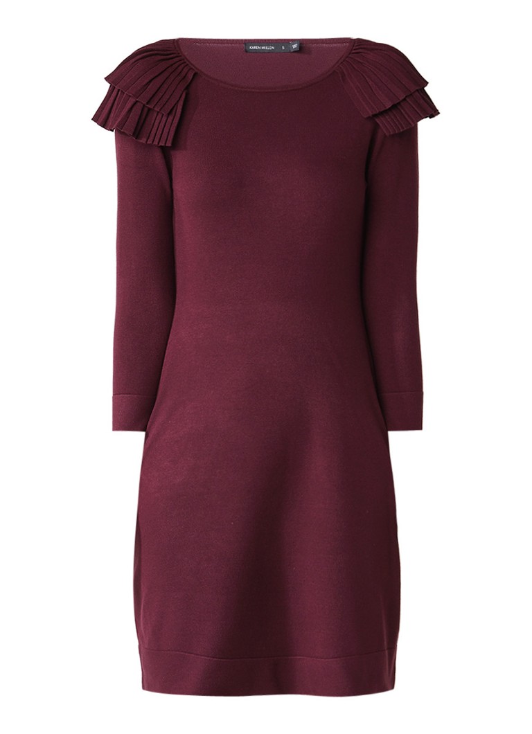 Karen Millen Victoriana gebreide A-lijn jurk met plooidetail aubergine