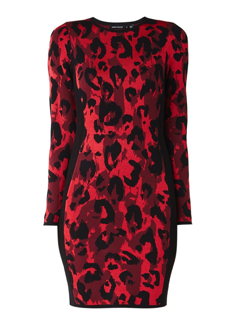 Karen Millen Fijngebreide bodycon jurk met ingebreid luipaarddessin rood