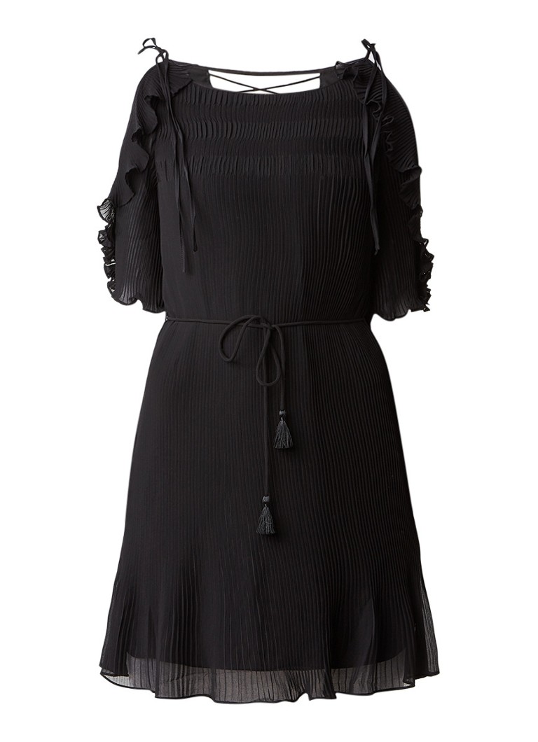 Karen Millen Cold shoulder plissé jurk met rijgdetail en volant zwart