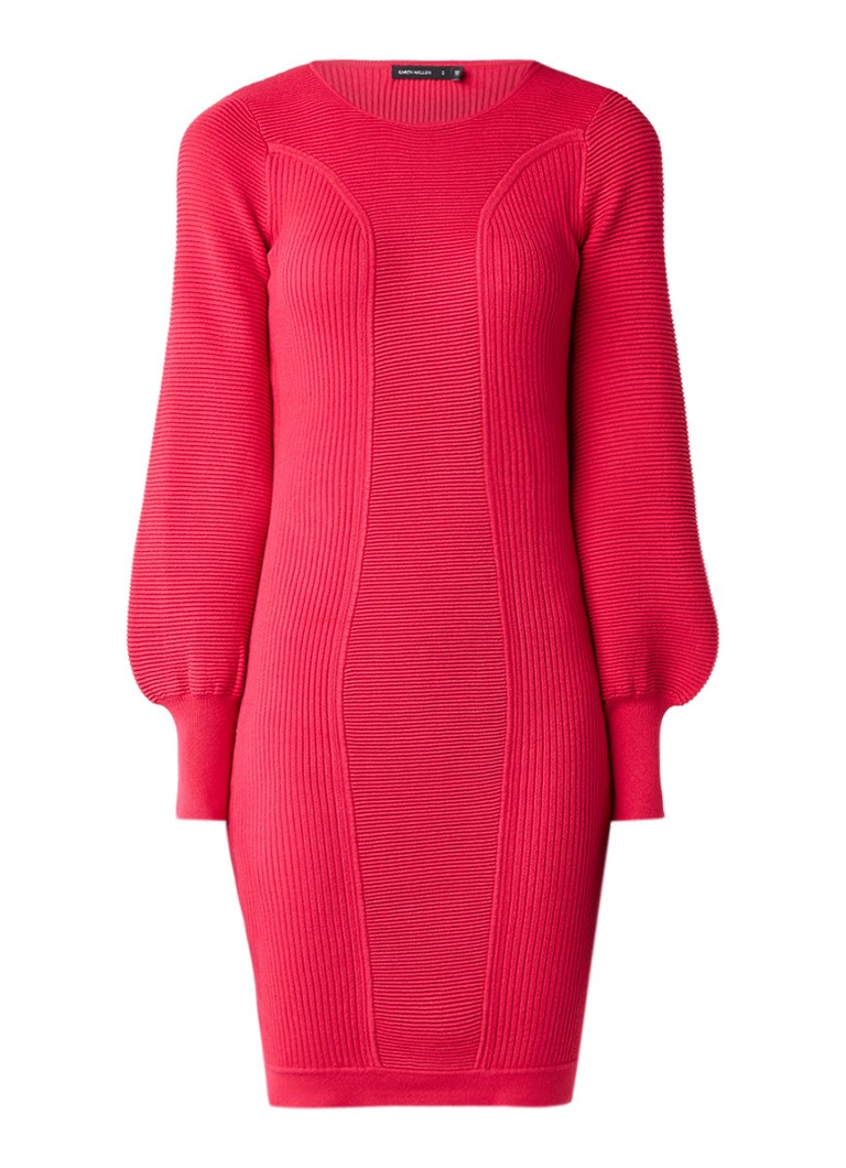 Karen Millen Ribgebreide jurk met ballonmouw fuchsia