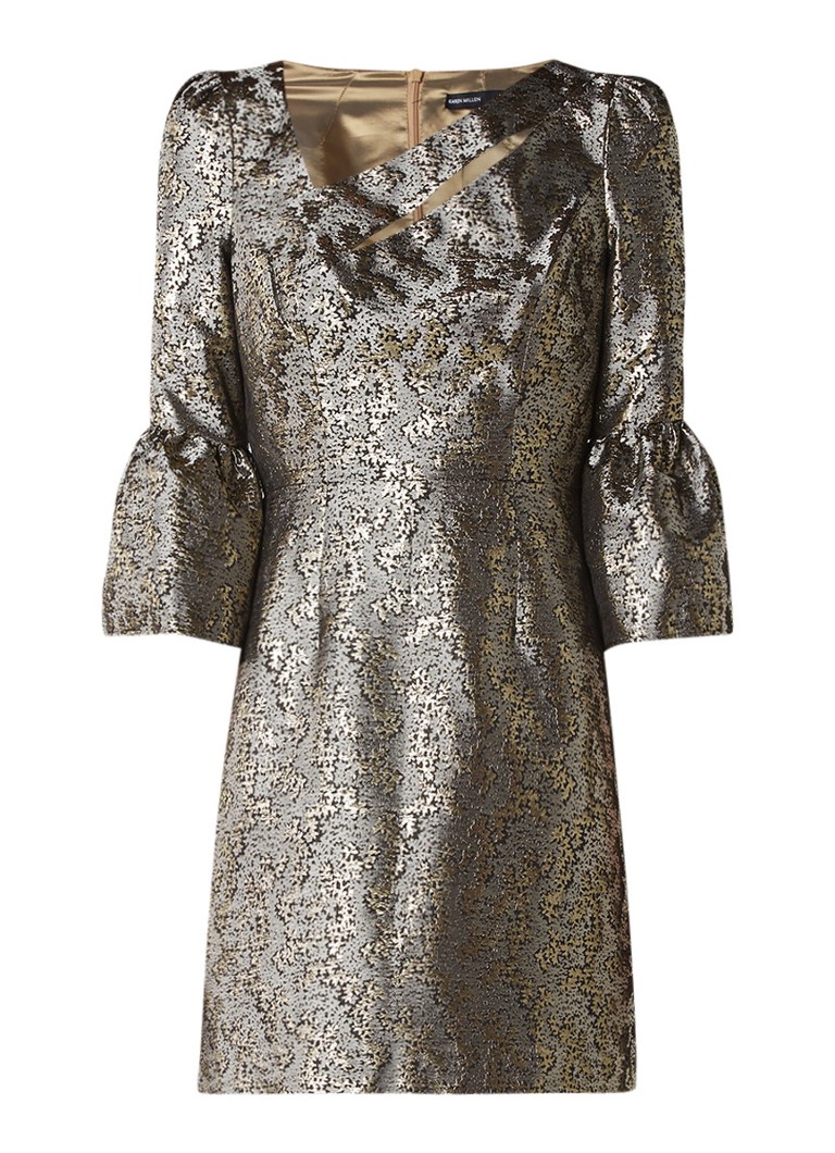 Karen Millen Jurk met jacquarddessin en trompetmouw goud