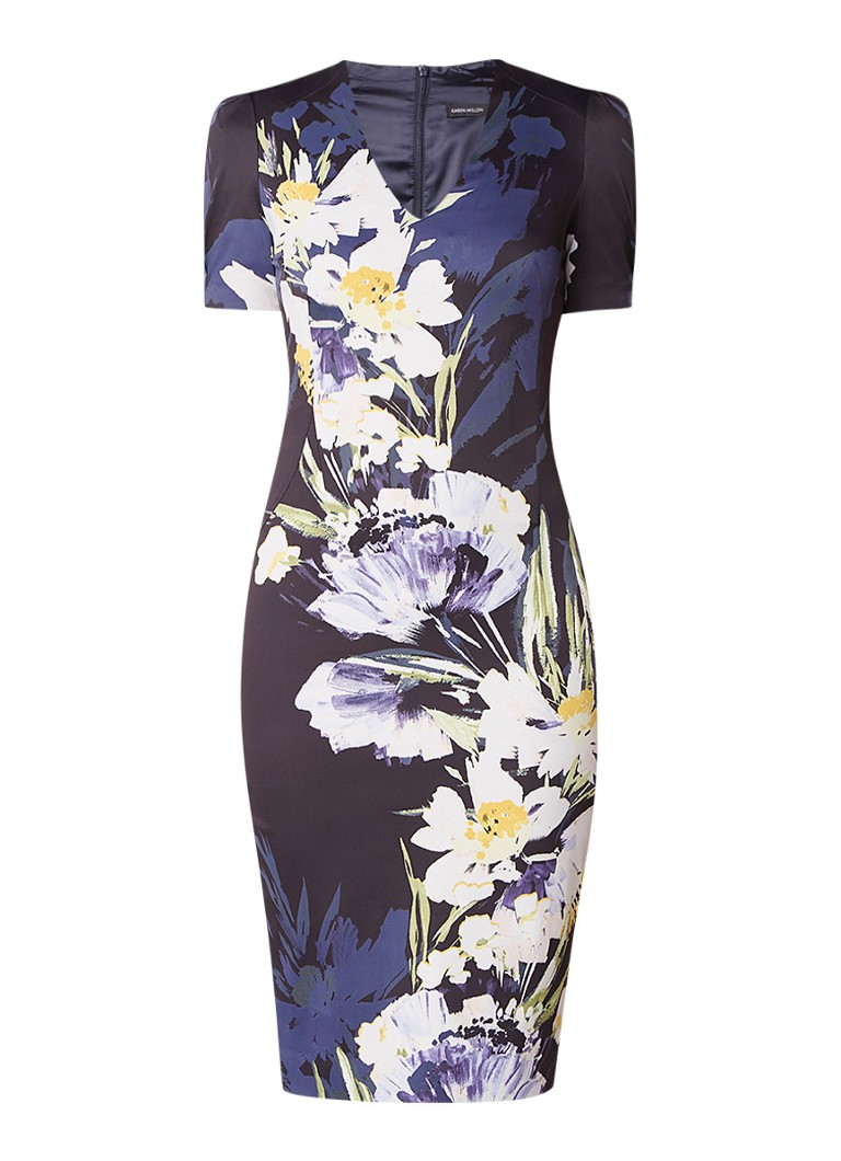 Karen Millen Kokerjurk met bloemendessin donkerblauw