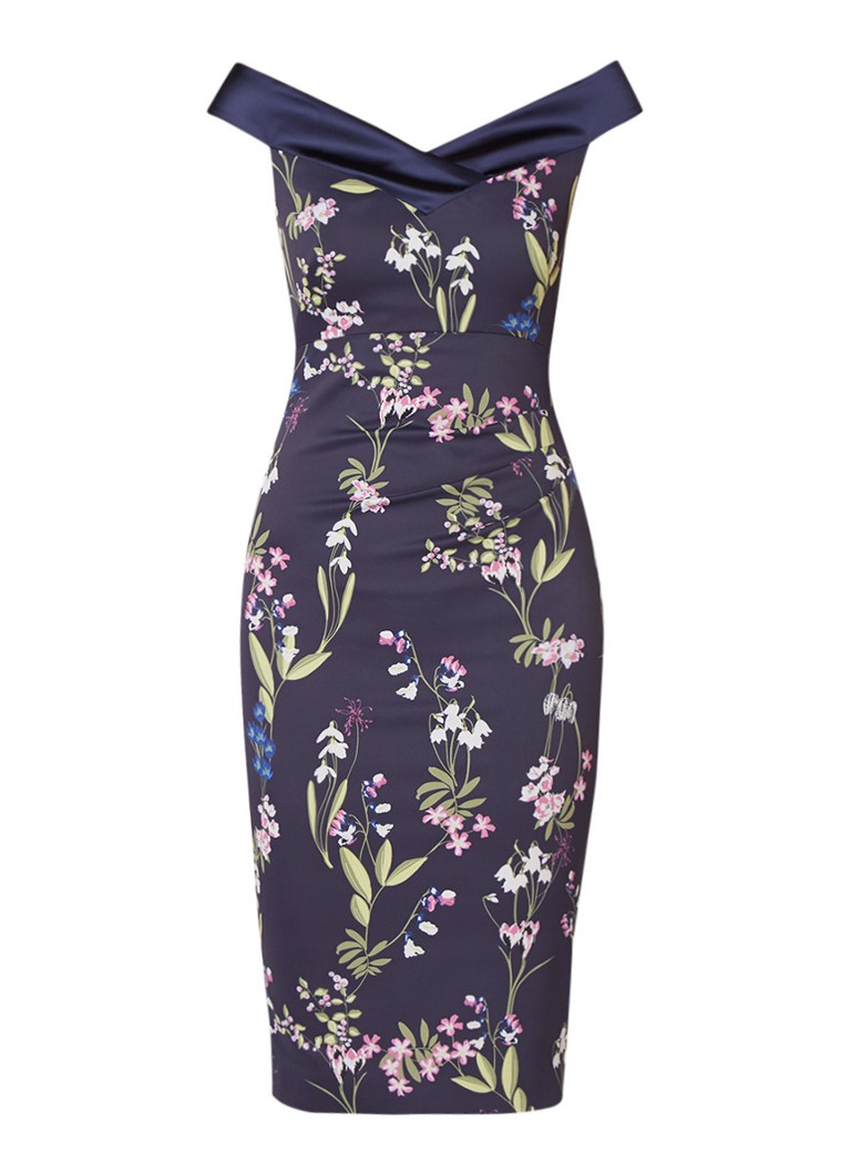 Karen Millen Offshoulder kokerjurk met bloemendessin middenblauw