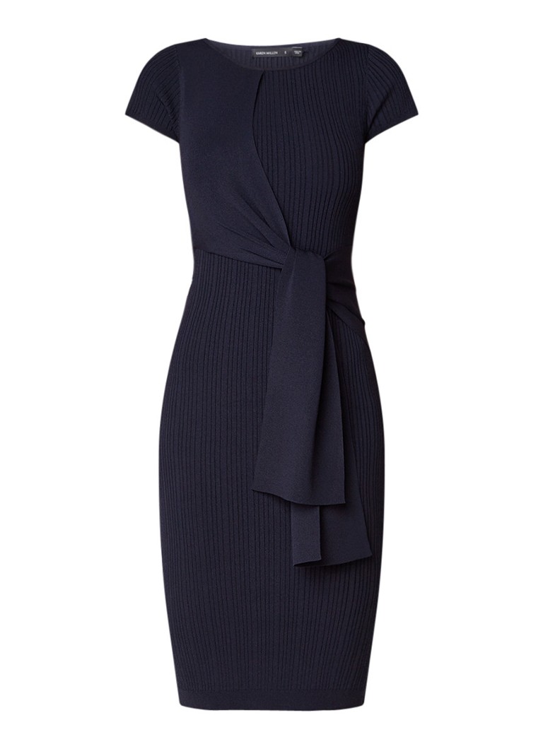 Karen Millen Fijngebreide midi-jurk met asymmetrisch strikdetail donkerblauw