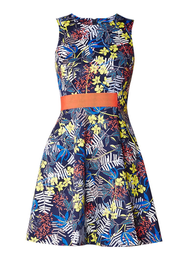Karen Millen A-lijn jurk met bloemendessin en contrasterende tailleband donkerblauw