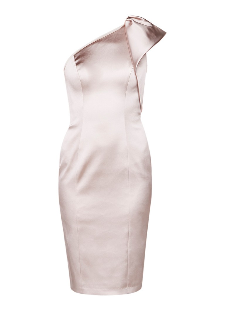 Karen Millen One shoulder midi-jurk van satijn met volant oudroze