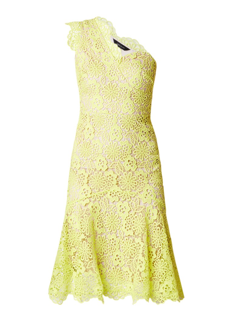 Karen Millen One shoulder jurk van gebloemd kant neongeel