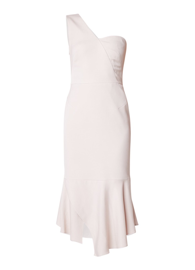 Karen Millen Asymmetrische one shoulder jurk met volant lichtroze