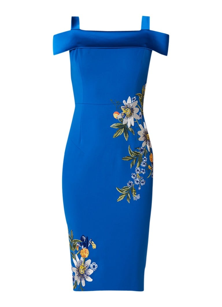 Karen Millen Kokerjurk in satijn look met geborduurde bloemen blauw