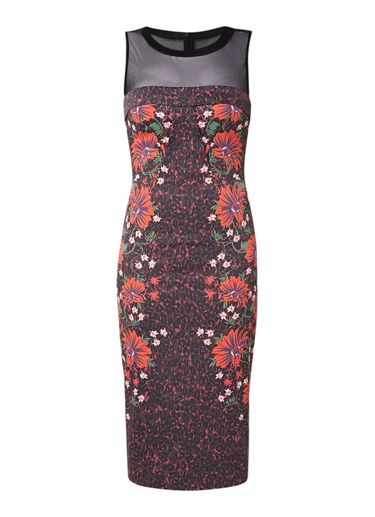 Karen Millen Midi-jurk met semi-transparante inzet en bloemendessin multicolor