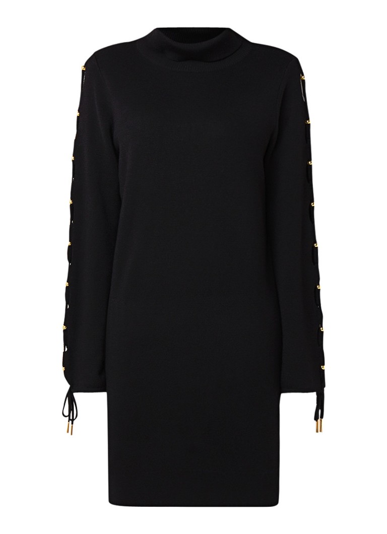 Karen Millen Fijngebreide midi-jurk van wol met col en rijgdetail zwart