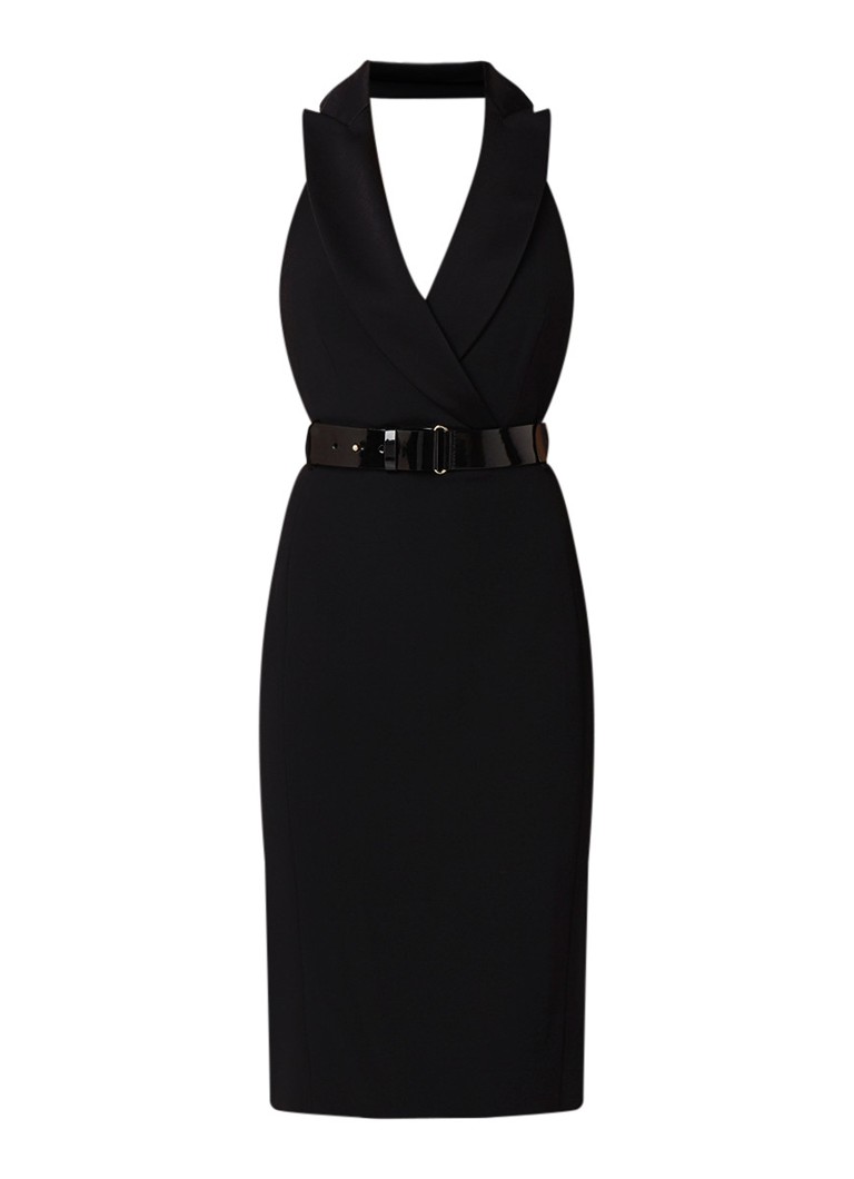 Karen Millen Halterjurk met blazerlook en lak ceintuur zwart