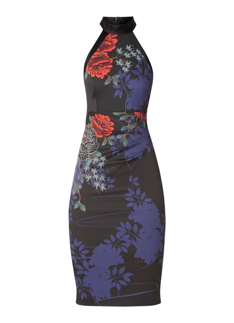 Karen Millen Halterjurk met bloemendessin en stretch zwart