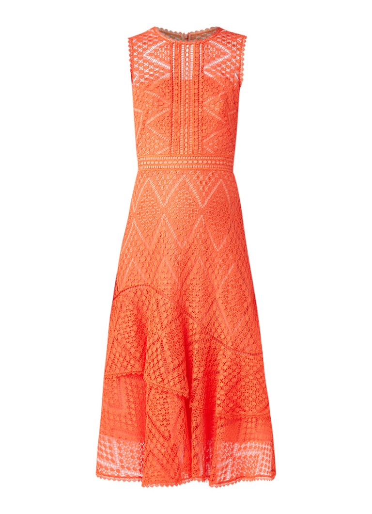 Karen Millen Maxi-jurk van kant met volant koraalrood