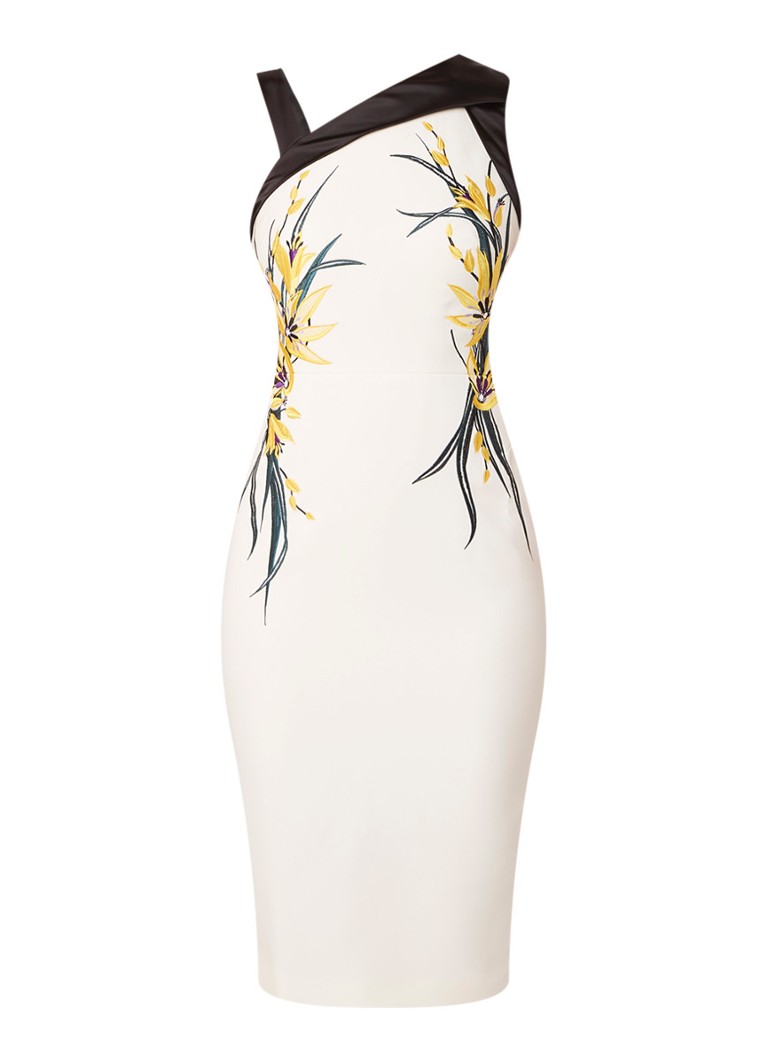 Karen Millen One shoulder kokerjurk met bloemborduring creme