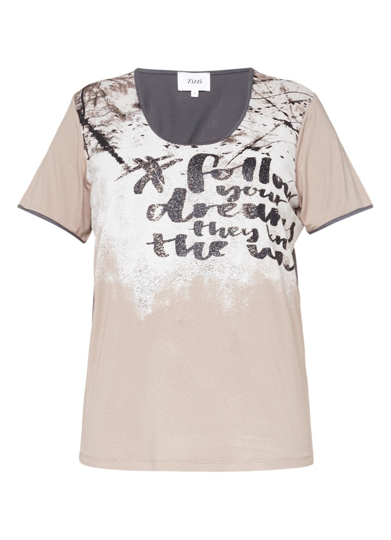 Zizzi T-shirt met print en lage hals blauw