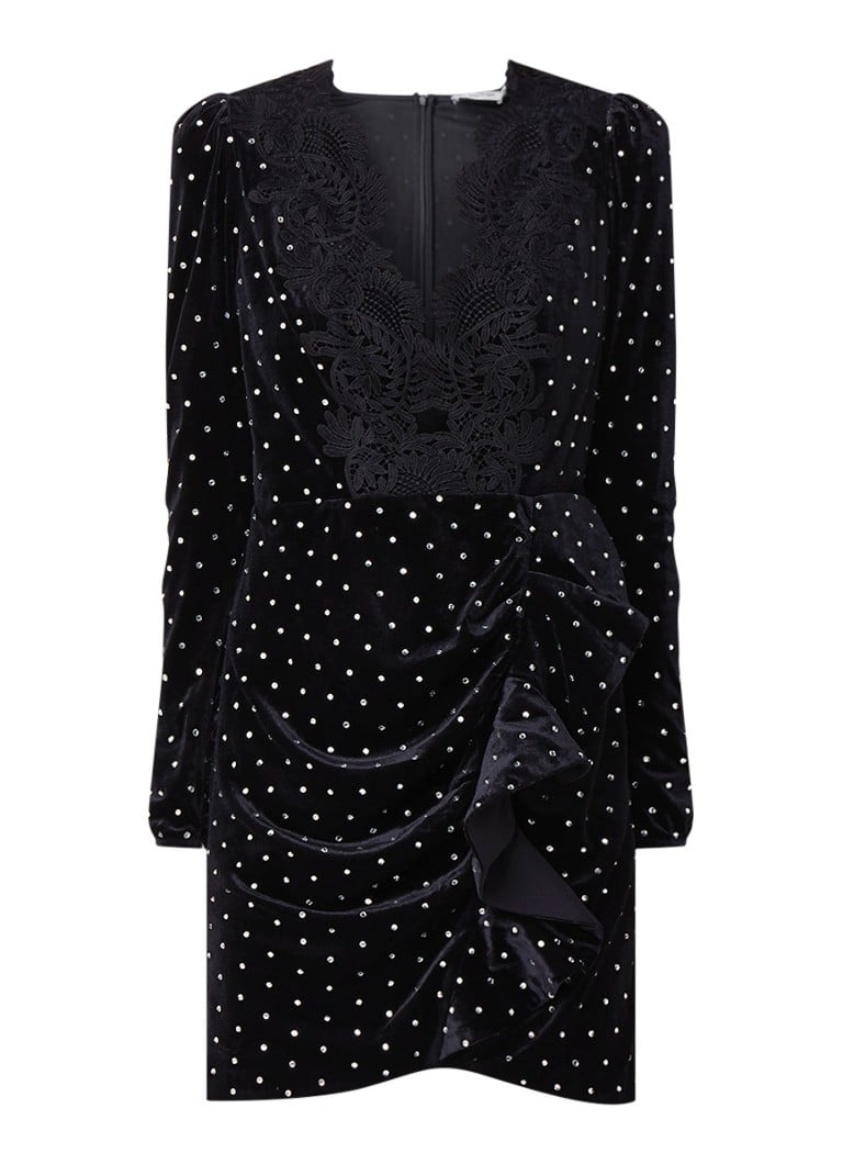 Self-Portrait Mini-jurk met strass en kanten boord zwart