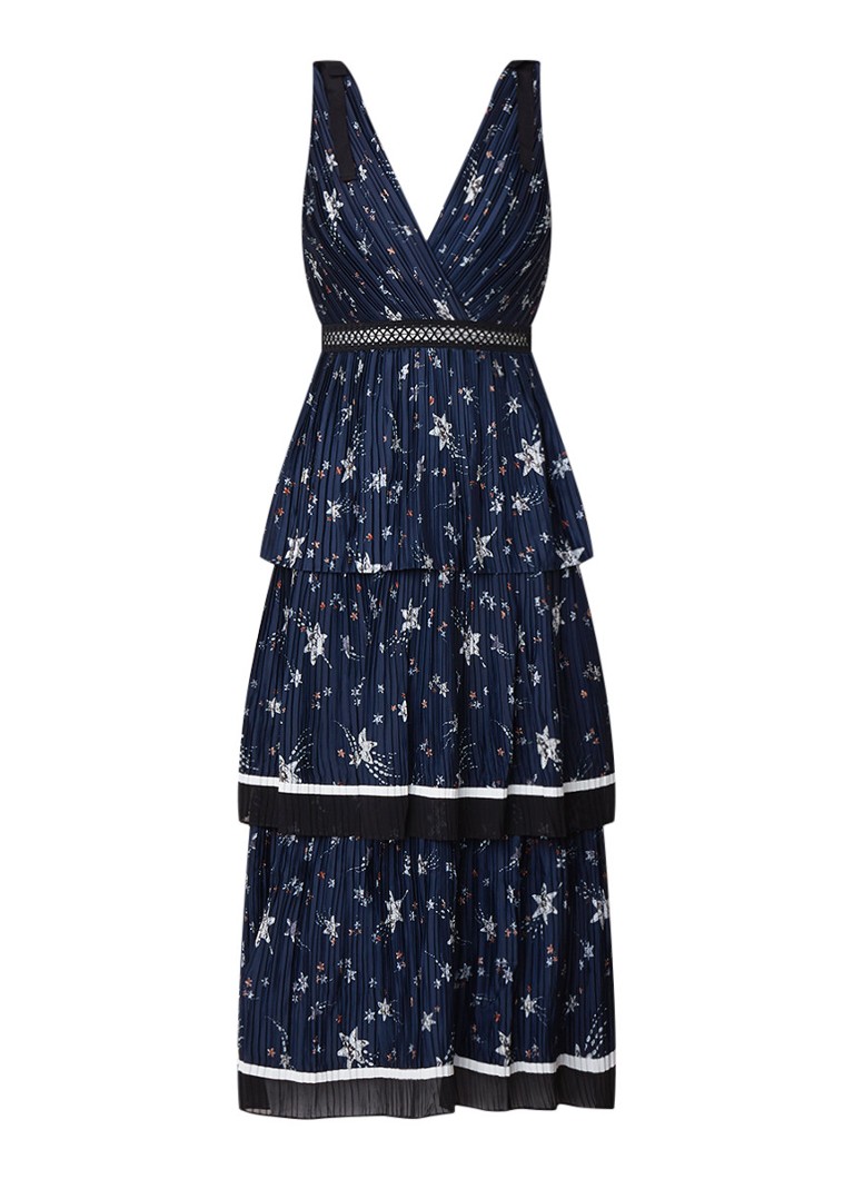 Self-Portrait Midi-jurk met plissÃ© en strikdetail donkerblauw