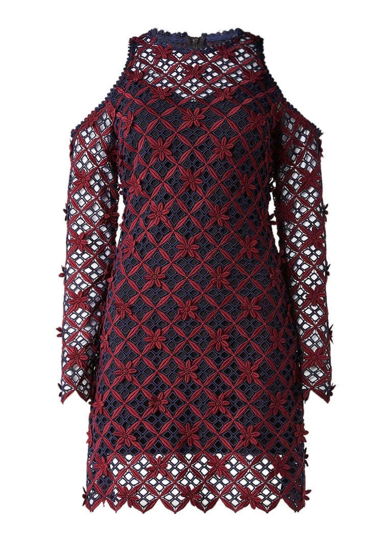 Self-Portrait Floral Grid cold shoulder jurk bordeauxrood