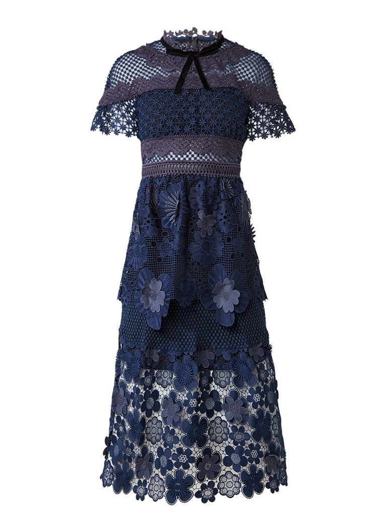 Self-Portrait 3D Floral midi-jurk met guipure kant donkerblauw