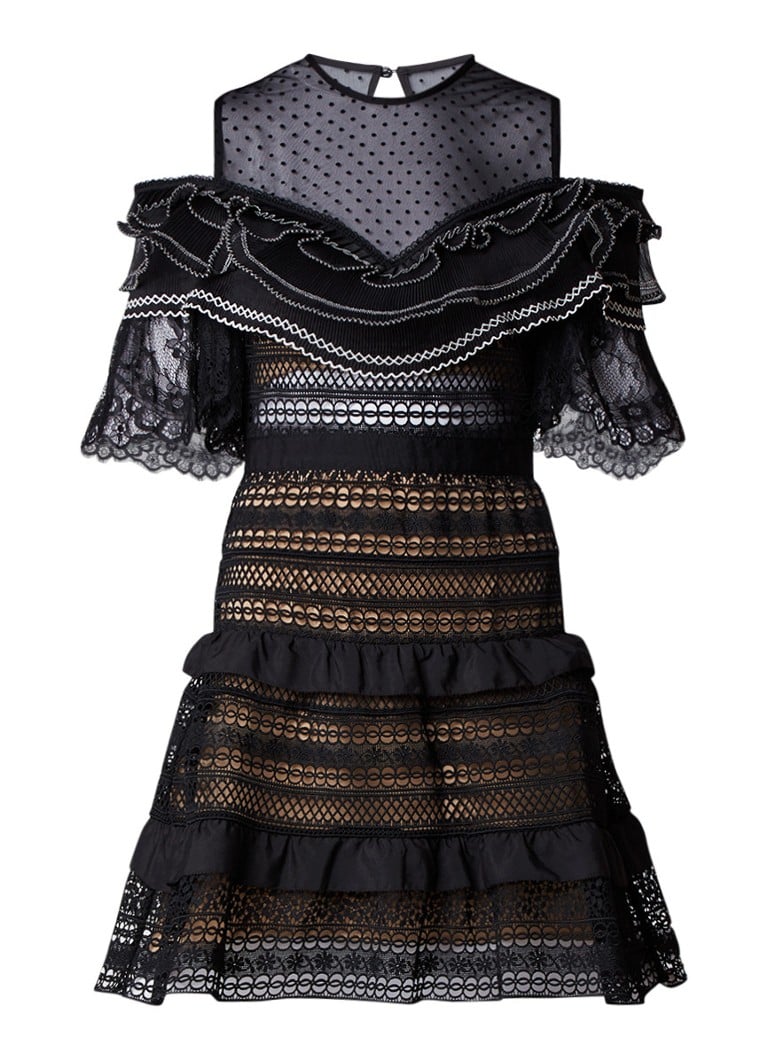 Self-Portrait Stripe Panelled cold shoulder mini-jurk van kant zwart