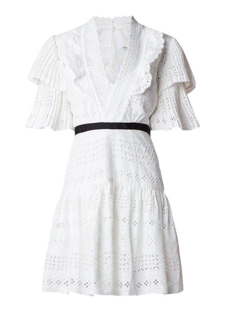 Self-Portrait Mini-jurk van Engels kant met plissé gebroken wit