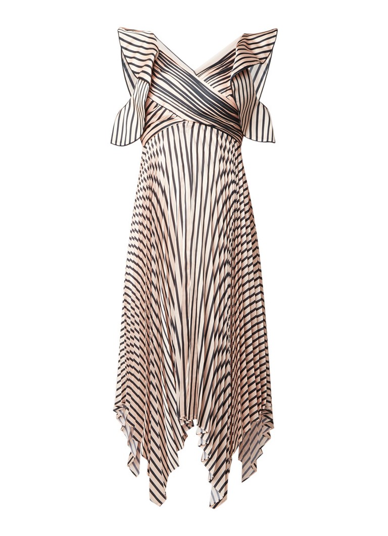 Self-Portrait Cold shoulder maxi-jurk met plissé en streepdessin donkerbeige