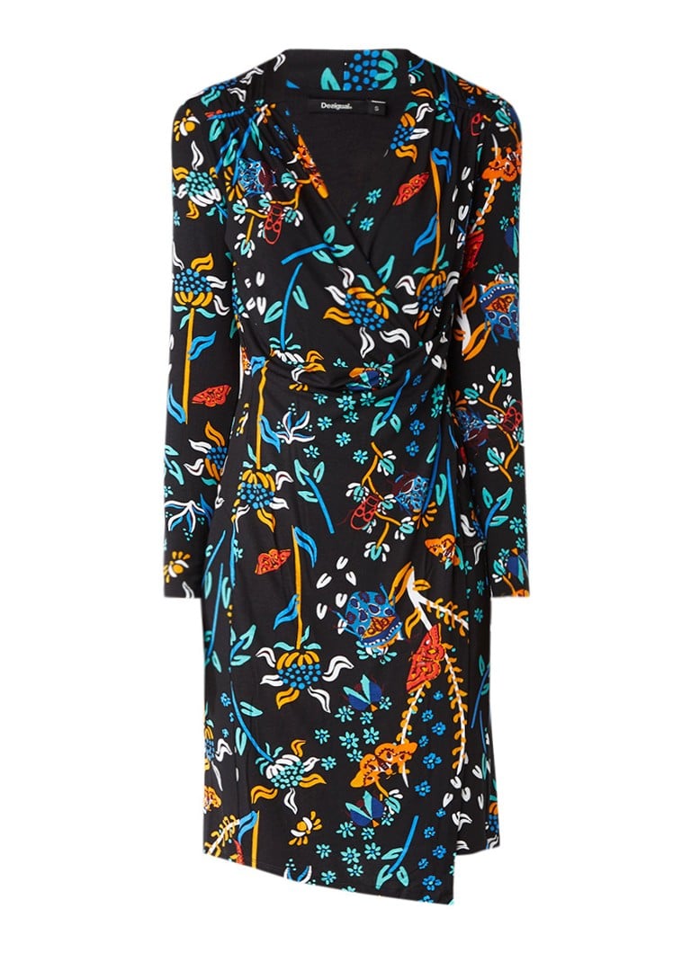 Desigual Birdie midi-jurk met overslag en dessin zwart