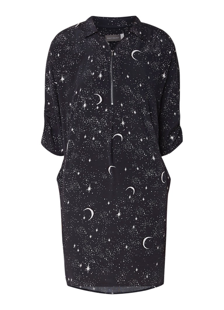 Mint Velvet Shae midi-jurk met print en aangerimpeld detail zwart
