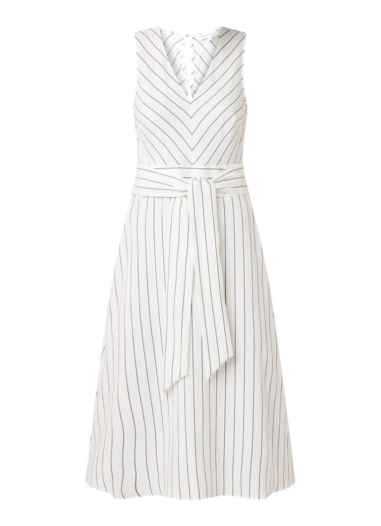 Warehouse Midi-jurk met streepdessin en strikceintuur gebroken wit