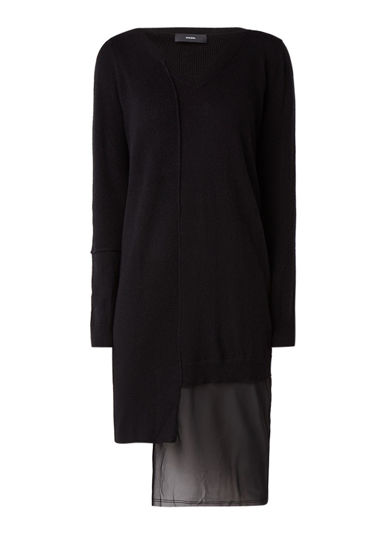 Diesel M-Glice fijngebreide jurk met asymmetrische chiffon inzet zwart
