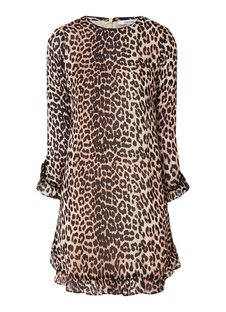 Ganni Mullin mini-jurk van chiffon met luipaarddessin bruin