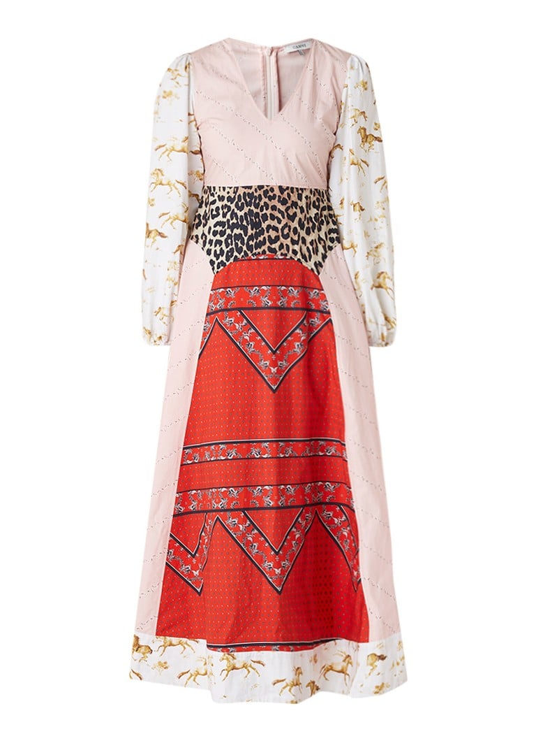 Ganni Sweeny maxi-jurk met dessin en patchwork rood