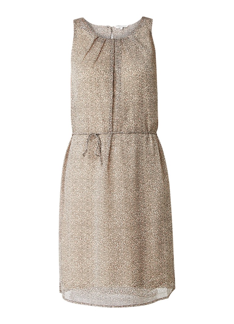 Sandwich Mouwloze jurk met ceintuur en luipaardessin beige