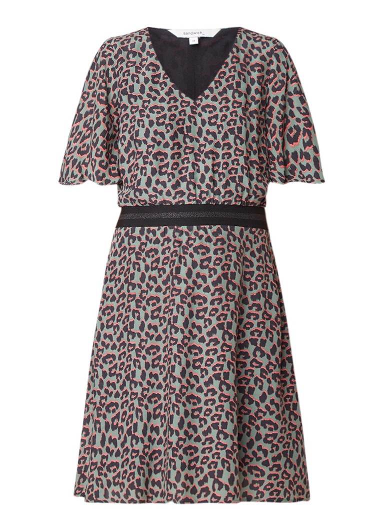 Sandwich A-lijn jurk met luipaarddessin en elastische tailleband taupe