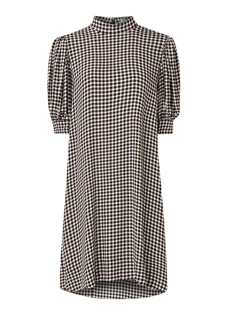 Ganni Loose fit mini-jurk van crÃªpe met gingham dessin zwart