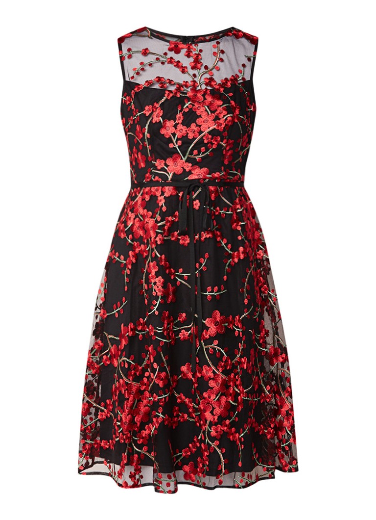 Phase Eight Sable midi-jurk met overlay van mesh en geborduurde bloemen zwart