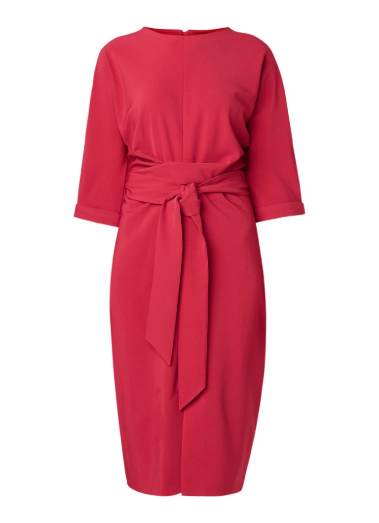 Phase Eight Sophia midi-jurk met strikceintuur en driekwartmouw fuchsia