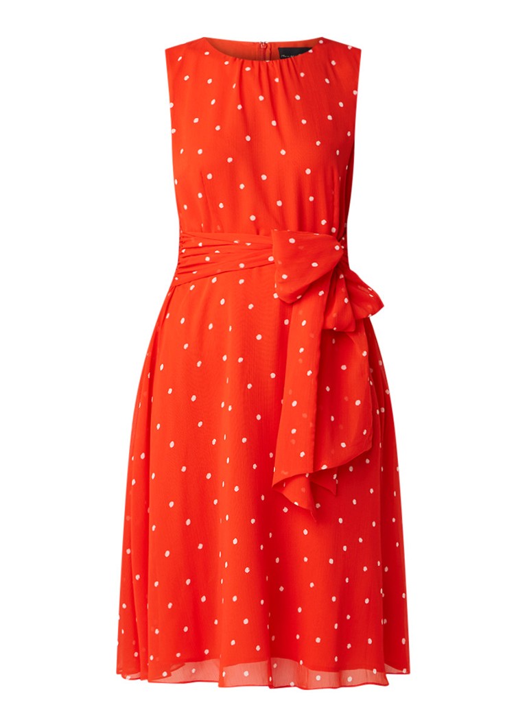 Phase Eight Fernanda midi-jurk met stippendessin en strikceintuur oranjerood