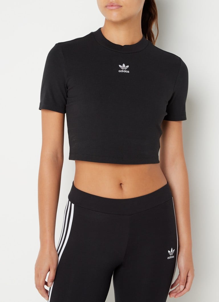 adidas - Ribgebreide crop top met logo  - Zwart