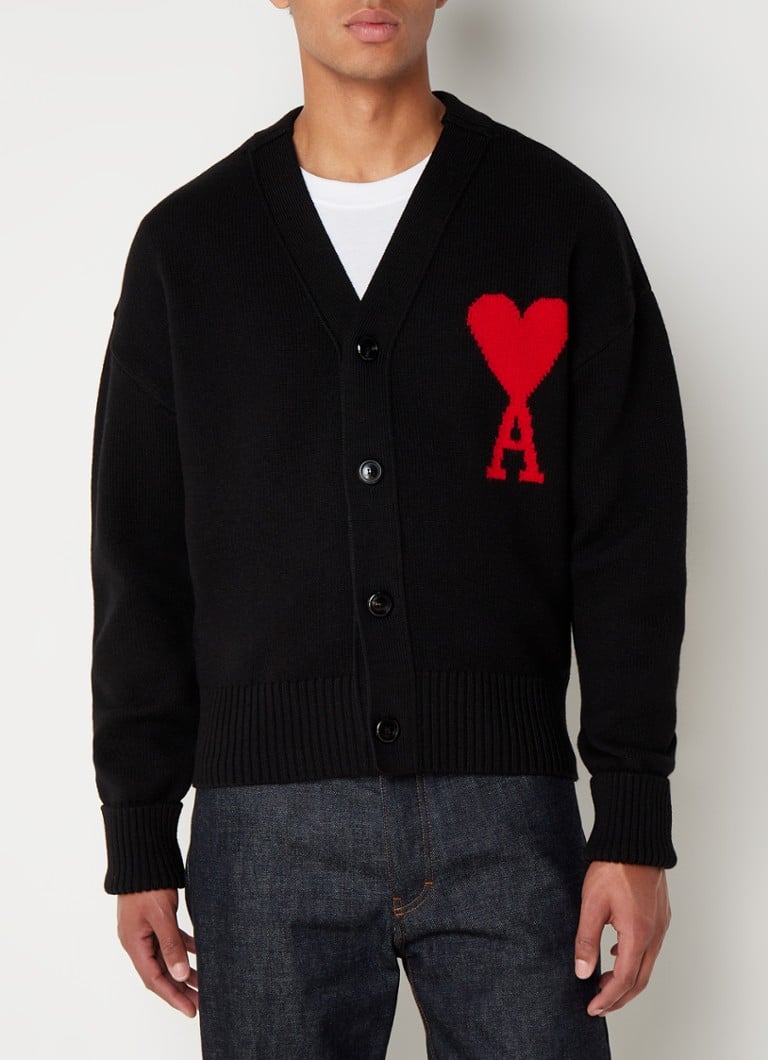 Ami - Fijngebreid vest van wol met ingebreid logo - Zwart