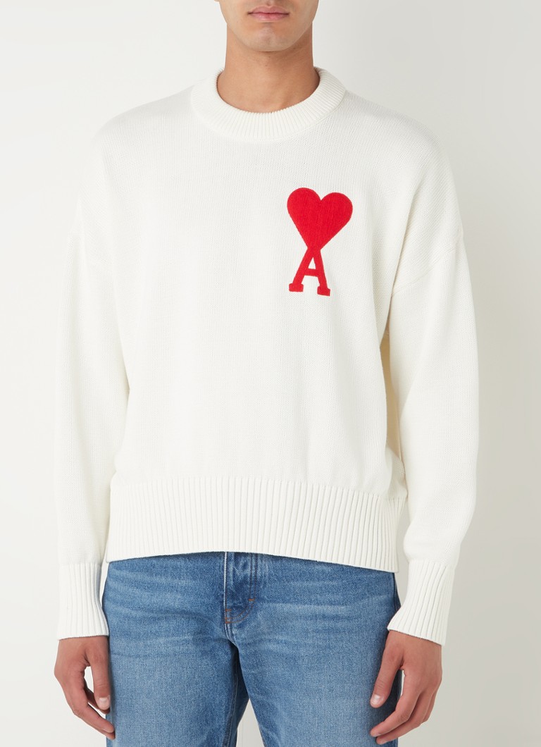 AMI Paris Ami De Coeur fijngebreide trui in wolblend met ingebreid logo • Gebroken wit • de