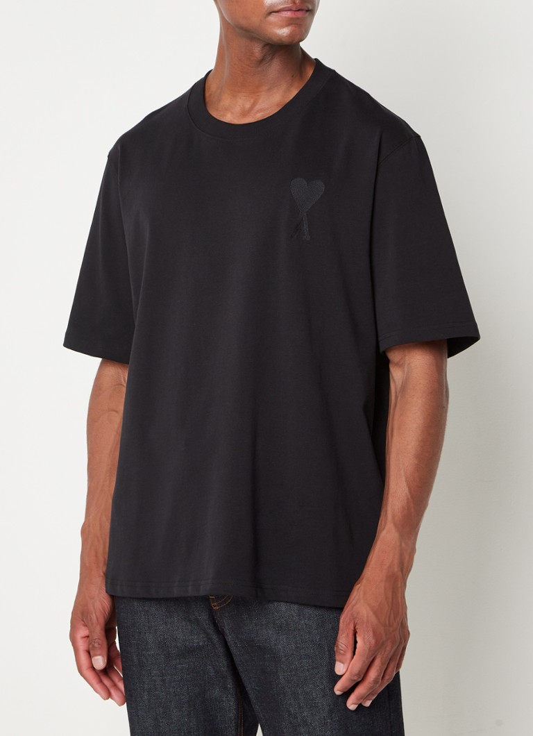 Ami - Tonal T-shirt van biologisch katoen met logoborduring - Zwart