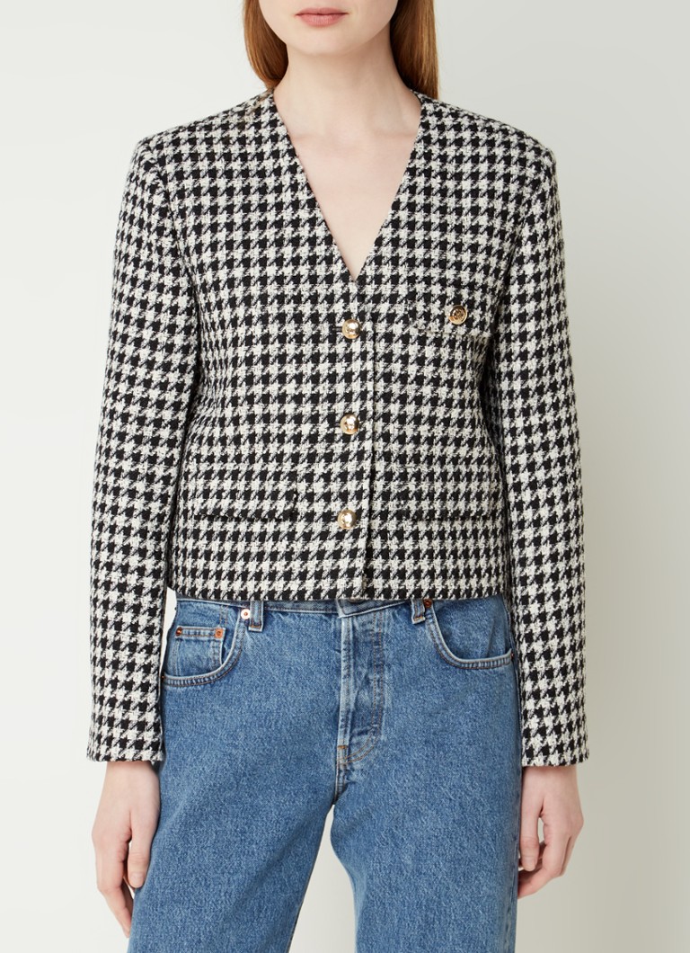 Anine Bing - Cara cropped blazer van tweed met pied-de-poule dessin - Zwart
