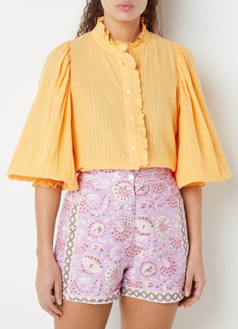 Batik Yvonne blouse met pofmouw en ruches Lichtoranje • de Bijenkorf