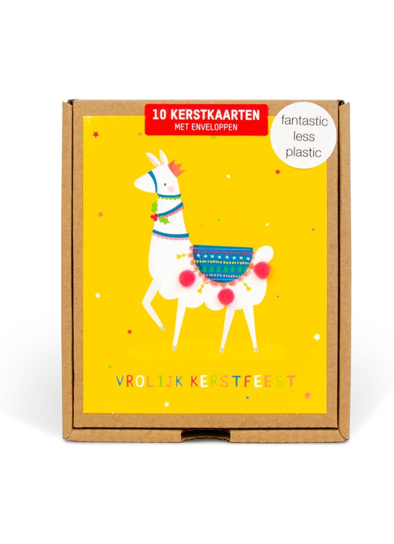 Art Group - Kraft Pompon Lama - 1 design - Kerstkaart met envelop set van 10 - Geel