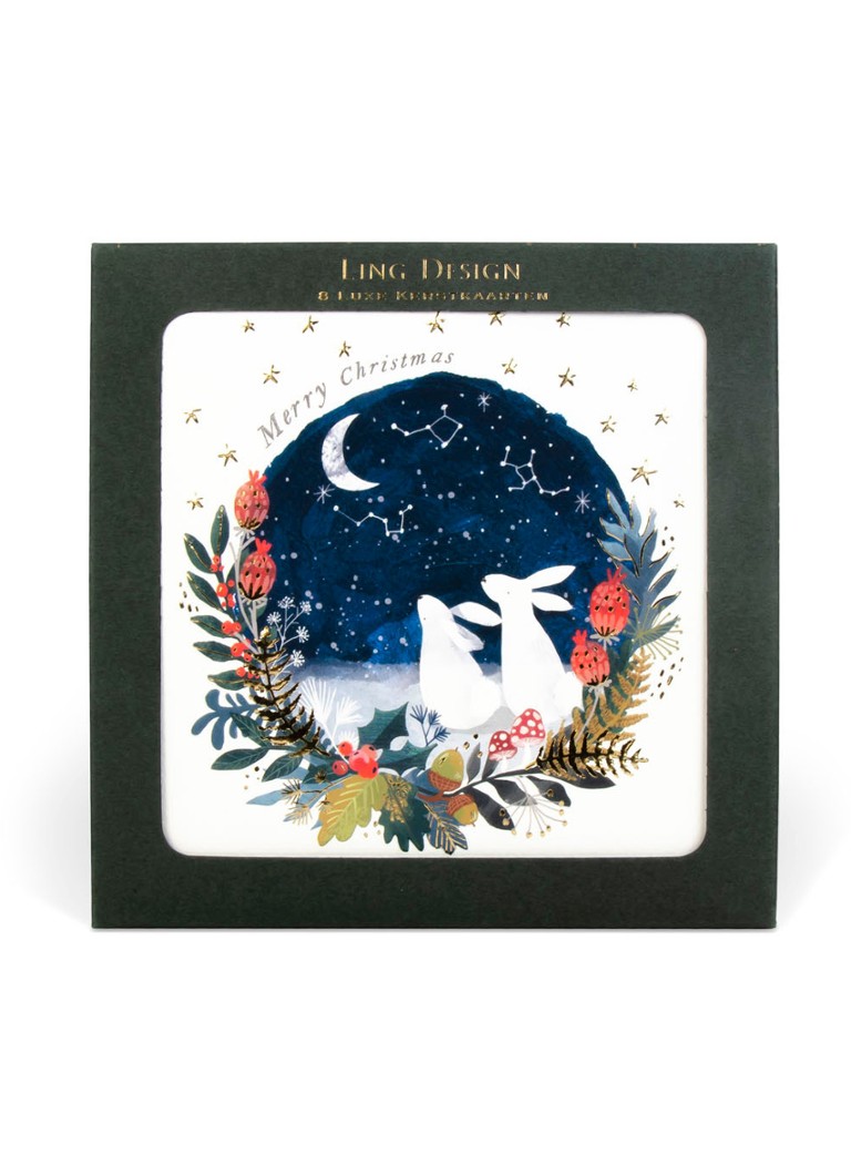 Art Group - Ling Design Luxe 2 Konijntjes - 1 design - Kerstkaart met envelop set van 8 - Donkerblauw