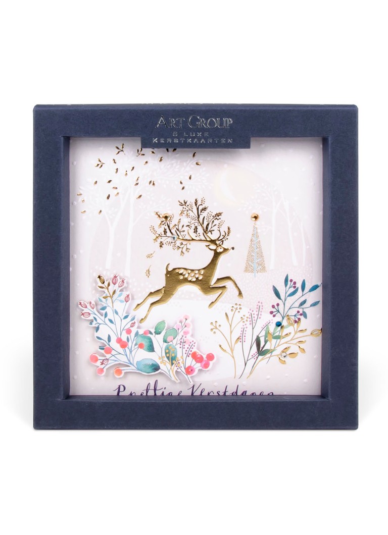 Art Group - Ling Luxury Handmade Gouden hert - 1 design - Kerstkaart met envelop set van 5 - Wit