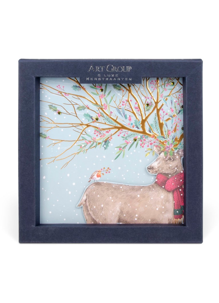 Art Group - Ling Luxury Handmade Hert en roodborstje - 1 design - Kerstkaart met envelop set van 5 - Blauw