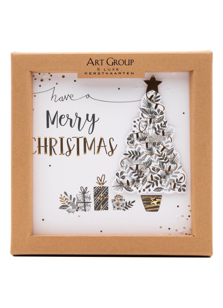 Art Group - Ling Luxury, handmade Kerstboom - 1 design - kerstkaart - set van 5 inclusief enveloppen - Wit